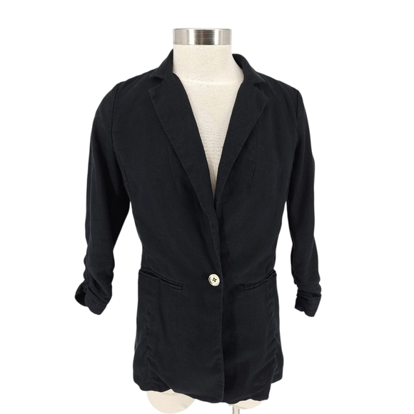 Michael Kors Blazer Linen Black Ruched 3/4 Sleeve 1 Button Jacket 6 - Picture 1 of 9